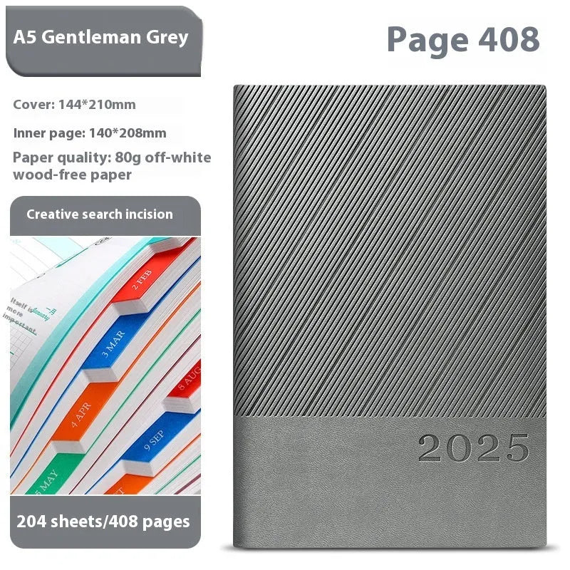 A4 notepad with striped PU leather cover open to show 80g wood-free paper pages
