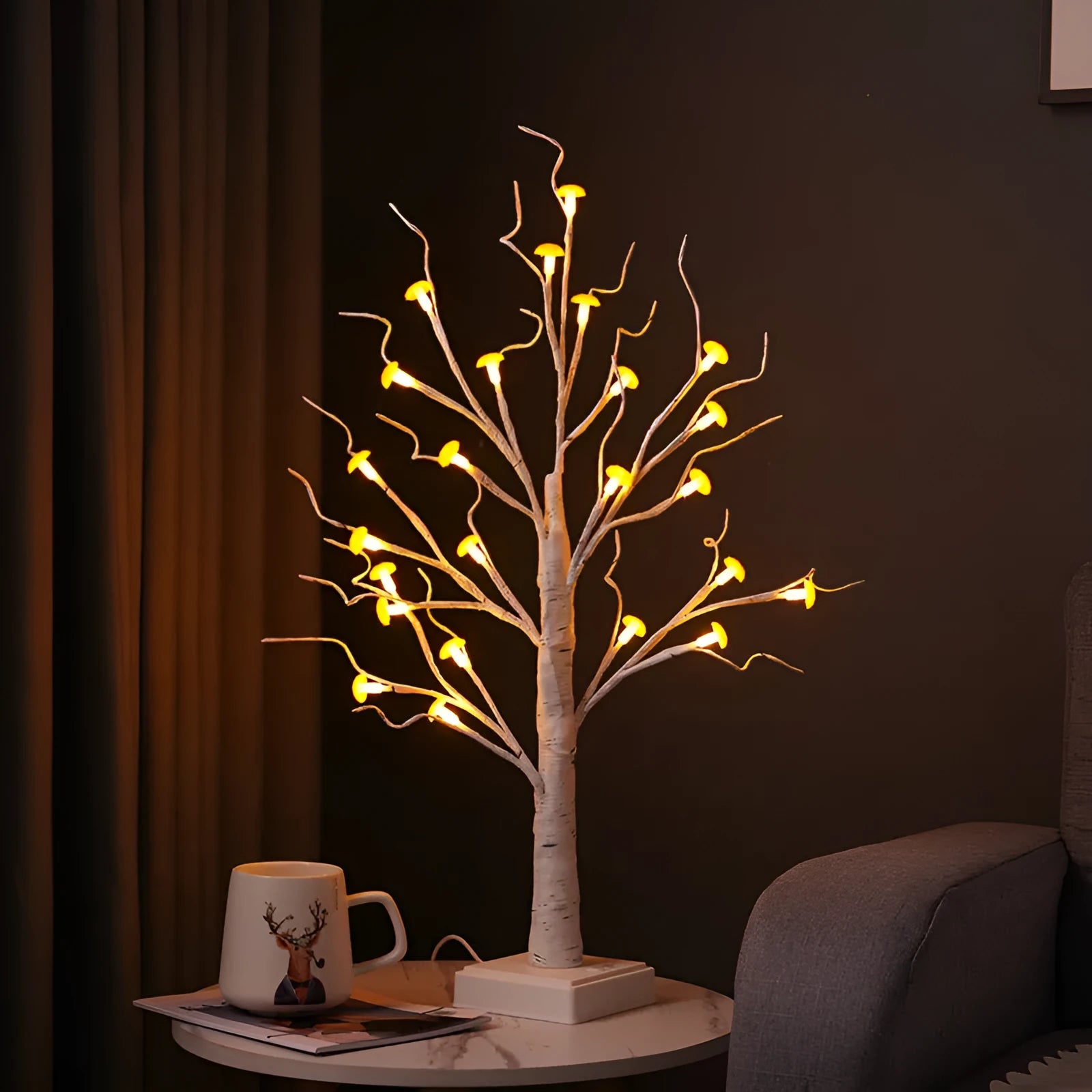 60cm tall LED mushroom tree lamp with 24 warm white flowers on Birch-style branches