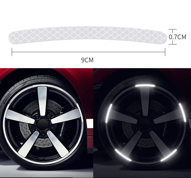 20-piece car wheel hub reflective stickers in multiple colours with arc pattern for tyre warning labels