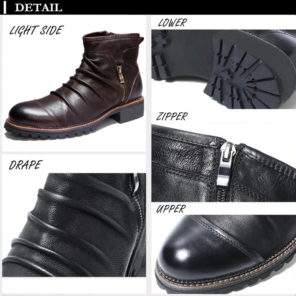 Black mid-height cowboy boots with side zipper, round toe, and a low horseshoe heel on a white background.