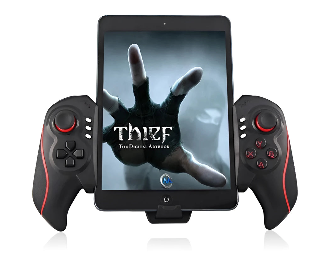 PG-9023 wireless telescopic game controller extended to hold a mobile phone.