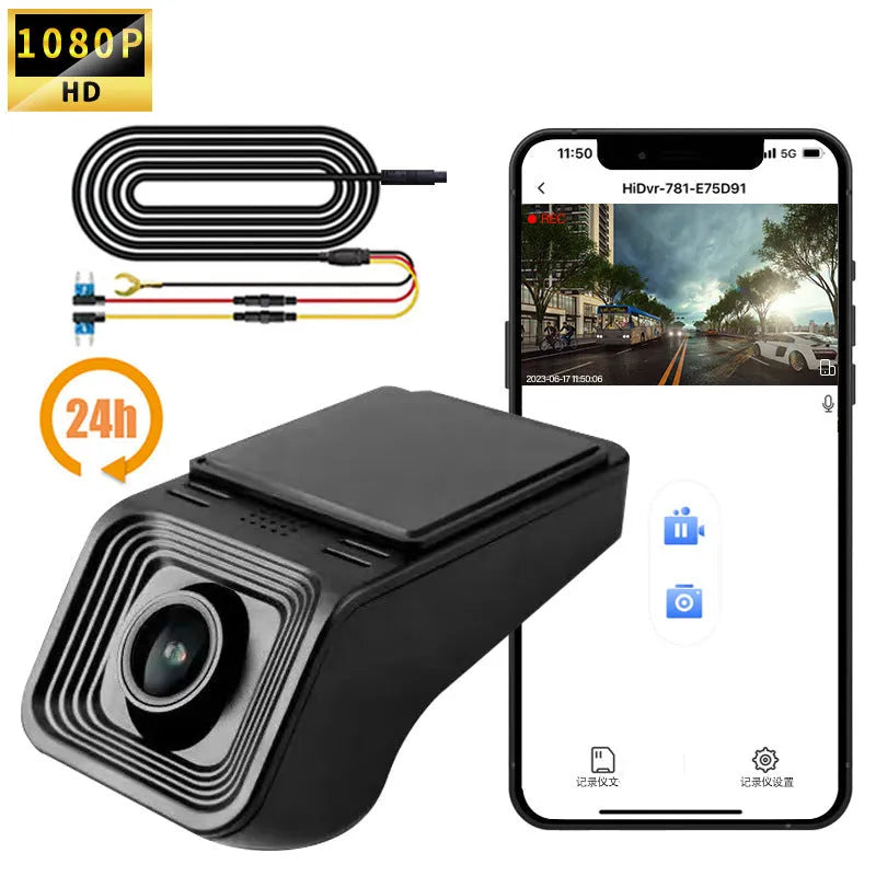 V4 ACC model 1080p HD car dashboard camera with WiFi and parking surveillance mode.