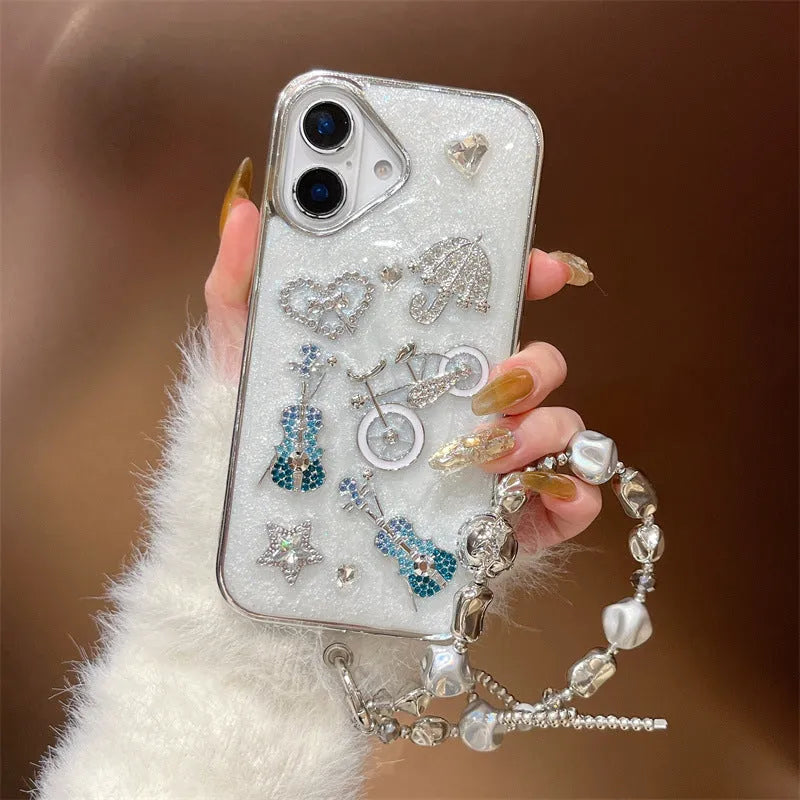 White silicone iPhone case with 3D guitar heart epoxy design and guitar lanyard