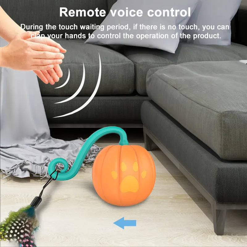 USB rechargeable electric luminous cat teasing ball toy in watermelon or pumpkin colour.