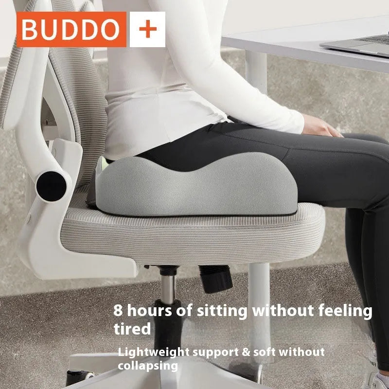 Memory foam office seat cushion in a volunteer fabric cover, shown in a blue and grey colour combination.