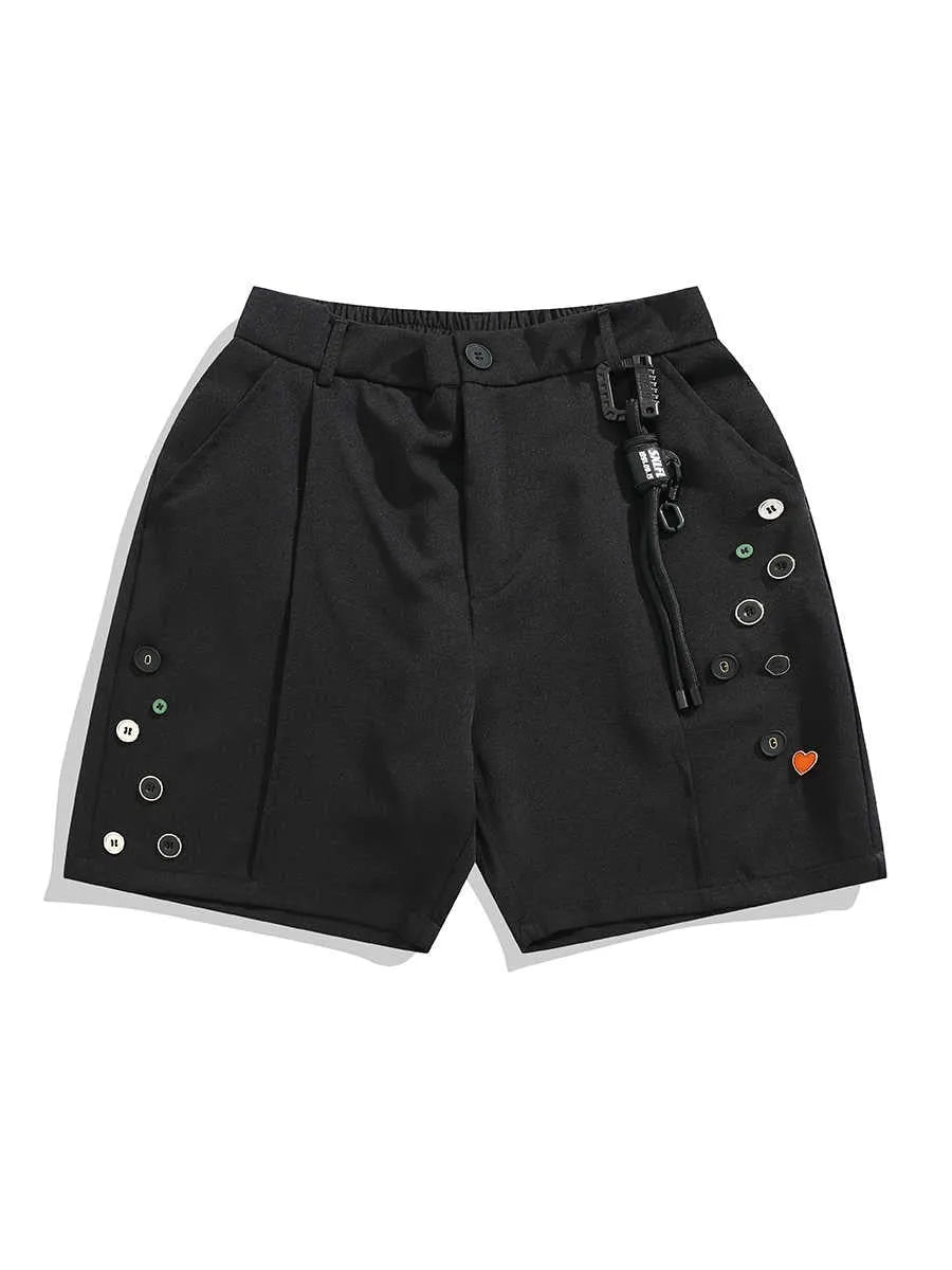 Black men's casual shorts with a button fly and semi-elastic waistband on a plain background.