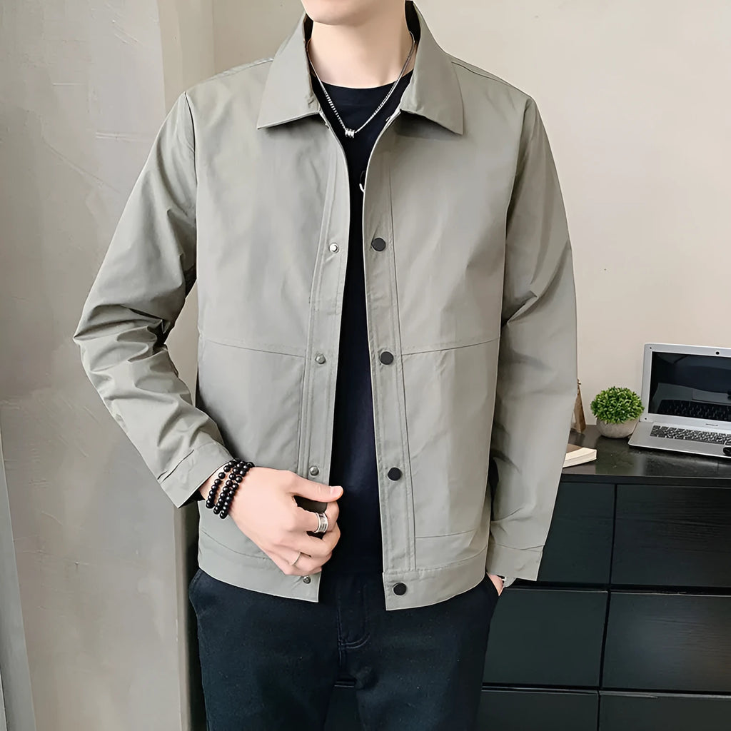 Men's Korean style single-layer thin jacket in grey, showing long sleeves and stitching detail