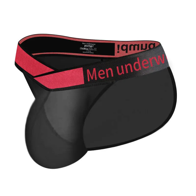 Men's transparent ice silk underwear with large V gradient design in red colour showing low-waist briefs style