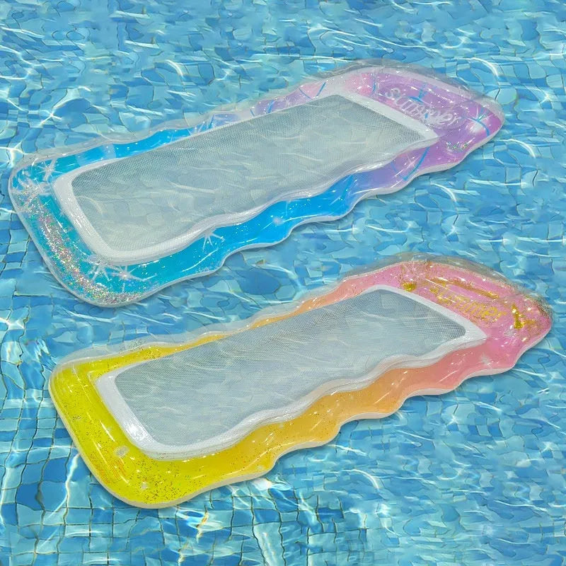 Thick PVC inflatable floating row with sequins and gradient designs in various colours including blue, pink, and green