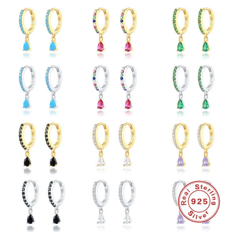 S925 sterling silver water drop eardrop earrings with geometric design and gemstone accents