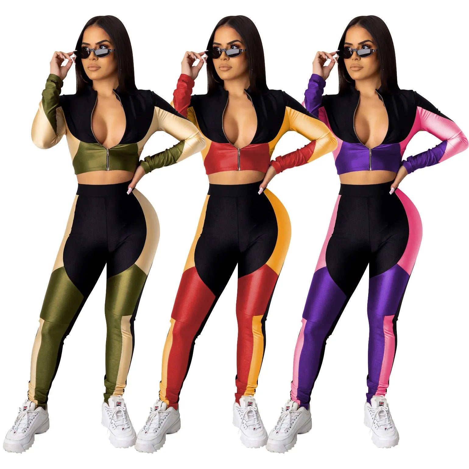 Women's three-color stitching long-sleeved sports two-piece suit in solid colour elastic satin polyester