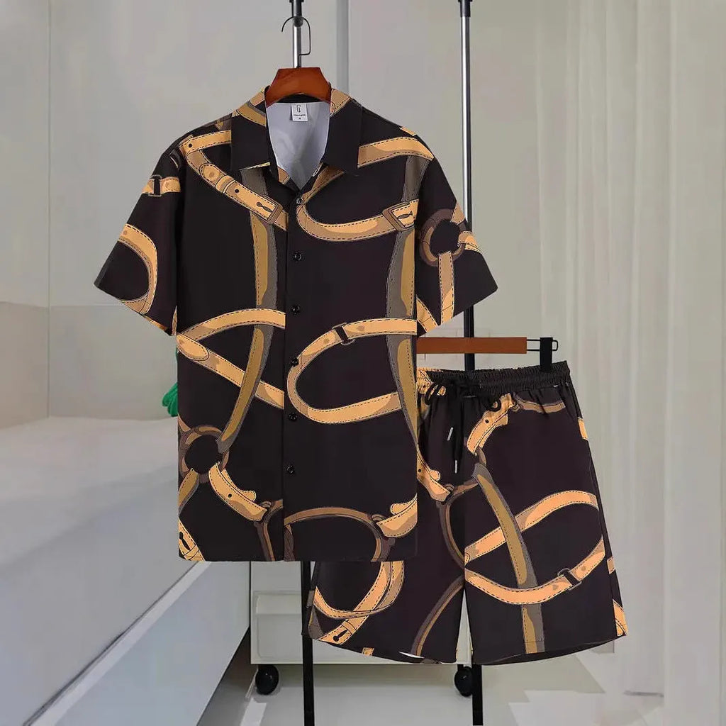 Men's wild print short sleeve shirt and shorts set in polyester blend, sizes S to 4XL, summer casual outfit