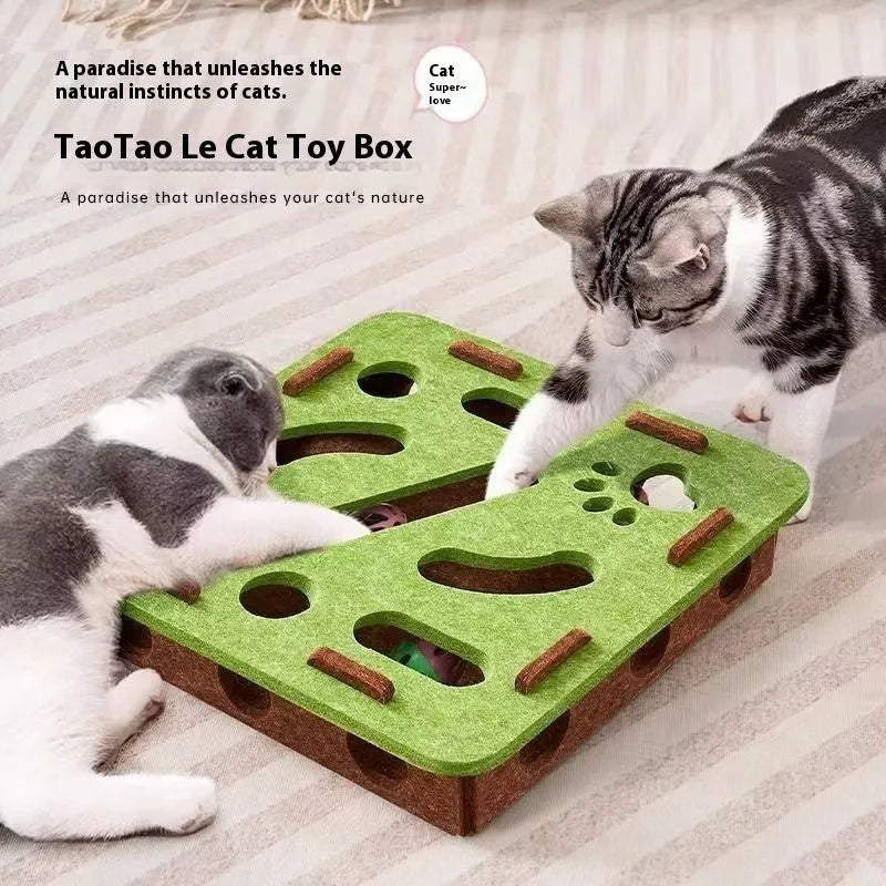 Square green brown felt cat toy box with holes for scratching and play, measuring 30cm.