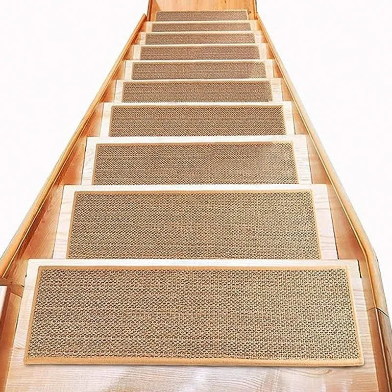 Japanese-style linen textured stair mat with rubber bottom in camel colour