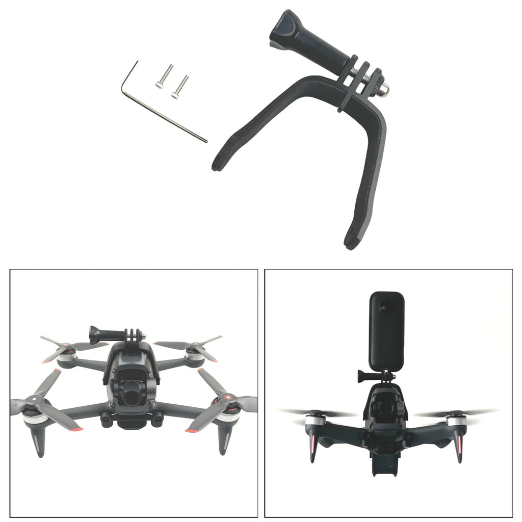 3D-printed hard plastic FPV drone expansion bracket with soft sponge for top-mounted action cameras