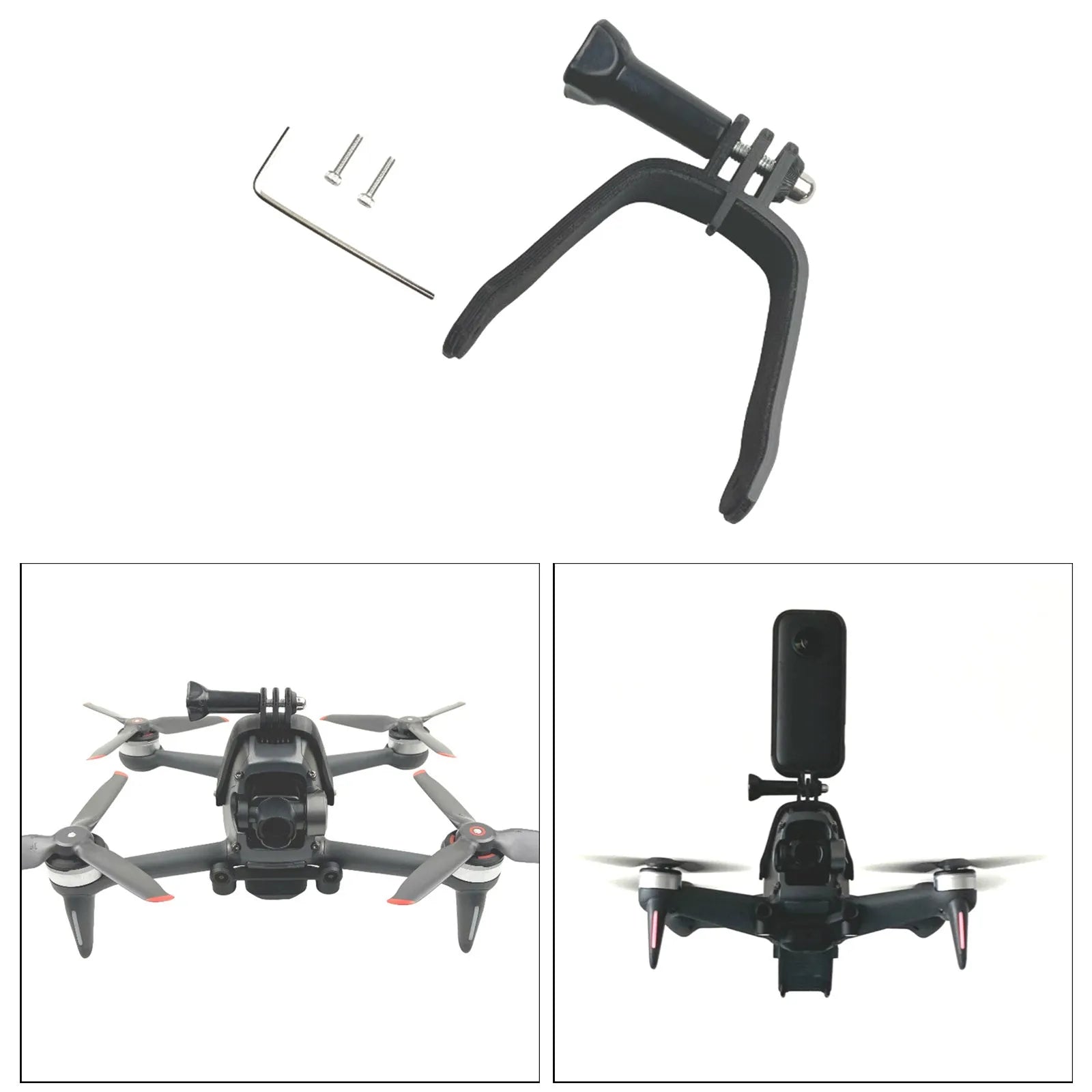 3D-printed hard plastic FPV drone expansion bracket with soft sponge for top-mounted action cameras