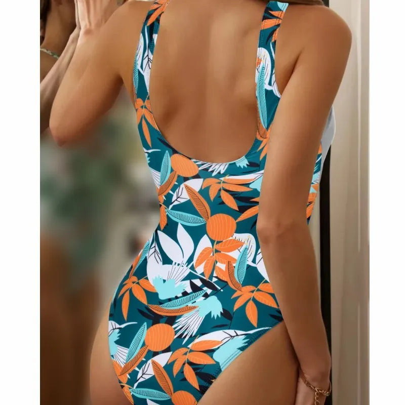 Women's high-waist one-piece bikini in printed polyester fabric