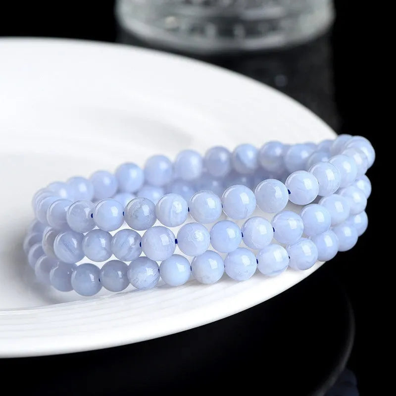 Blue agate beaded bracelet with three-circle design and natural striped patterns on 6-6.8mm stones