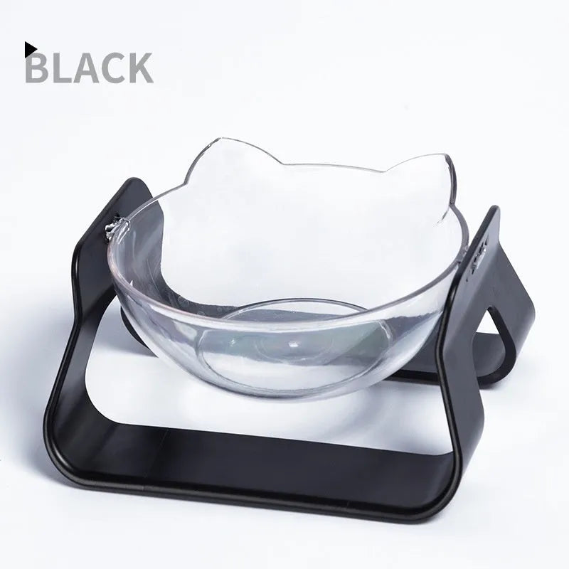 Protective cervical cat bowl in plastic with raised bevel design, shown in blue, pink, black, white, or yellow format.