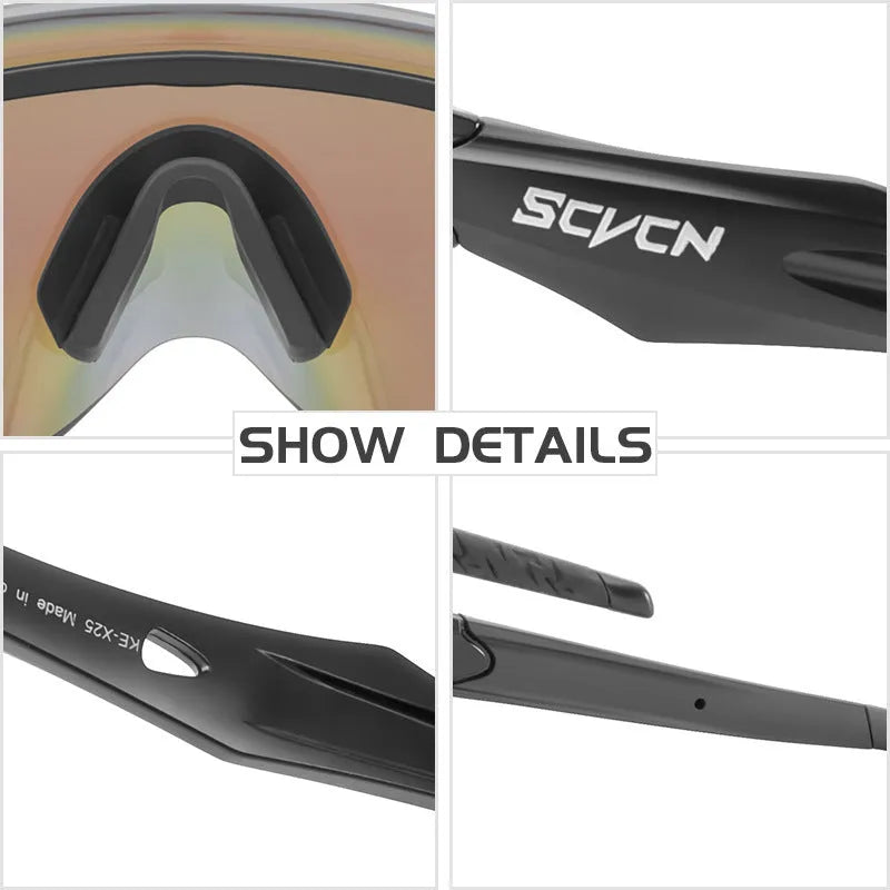 Frameless windproof sports glasses with a bold, single colourful integrated lens.