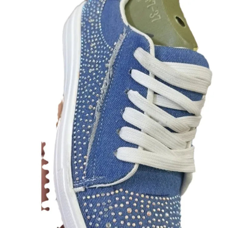 Plus size women's low-top casual shoes with rhinestones, lace-up front, and thick rubber sole.