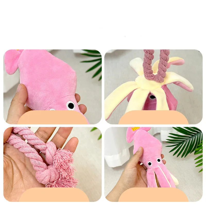 Pink plush squid pet toy with squeaker and rope tentacles