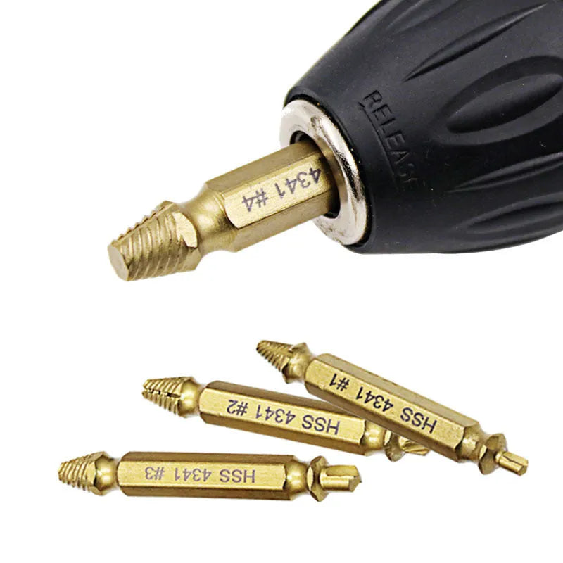 Five-piece 4341 high-speed steel screw extractor and bolt remover tool set.