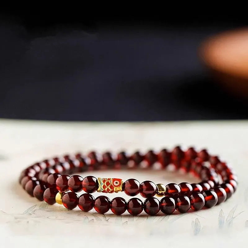Women's retro wine red garnet bracelet with glass beads, single or double circle, handmade New Chinese style