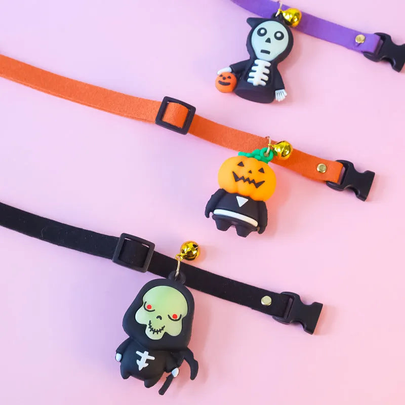 Halloween pet collar decoration with pumpkin man pattern showing adjustable sizing for dog collars