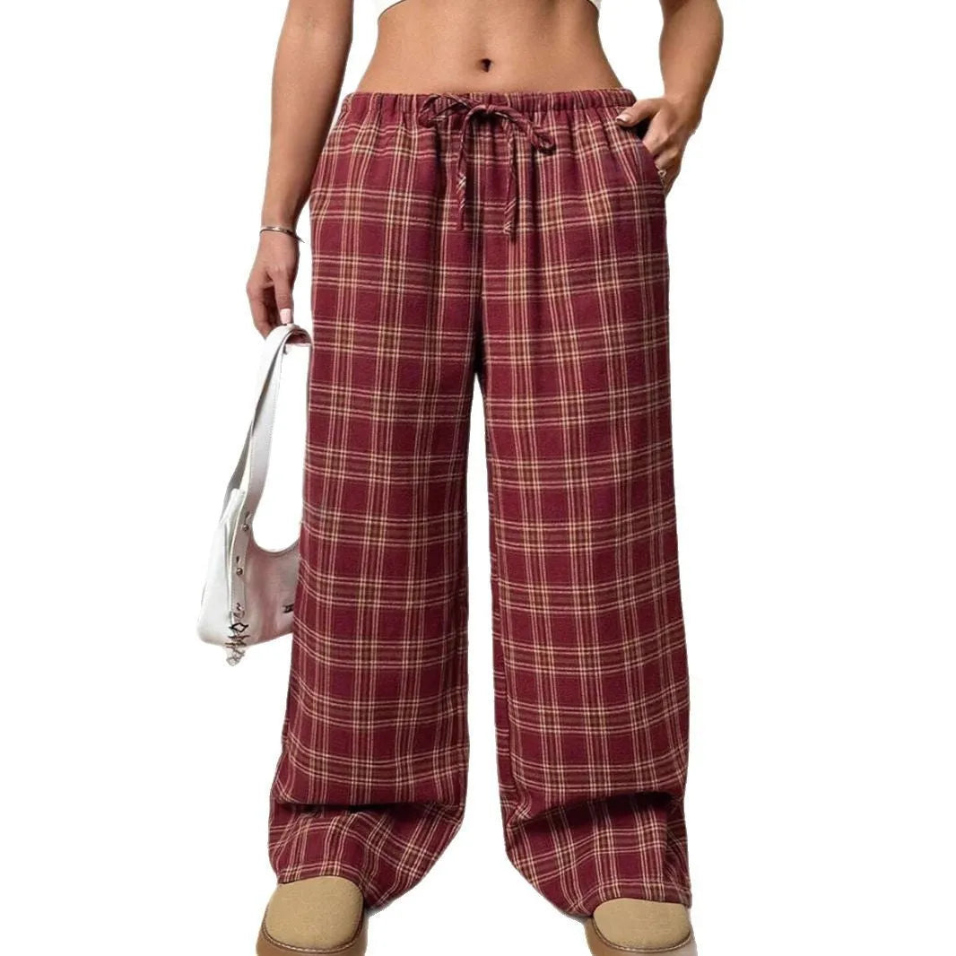 Women's casual plaid trousers with drawstring waist and side pockets in blue or red colours