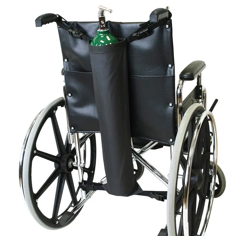 Black cylindrical wheelchair pannier bag for oxygen cylinder transport made from 600D Oxford cloth
