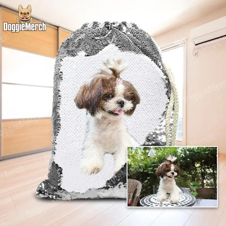 Custom purple sequins backpack featuring a dog's photograph with drawstring closure