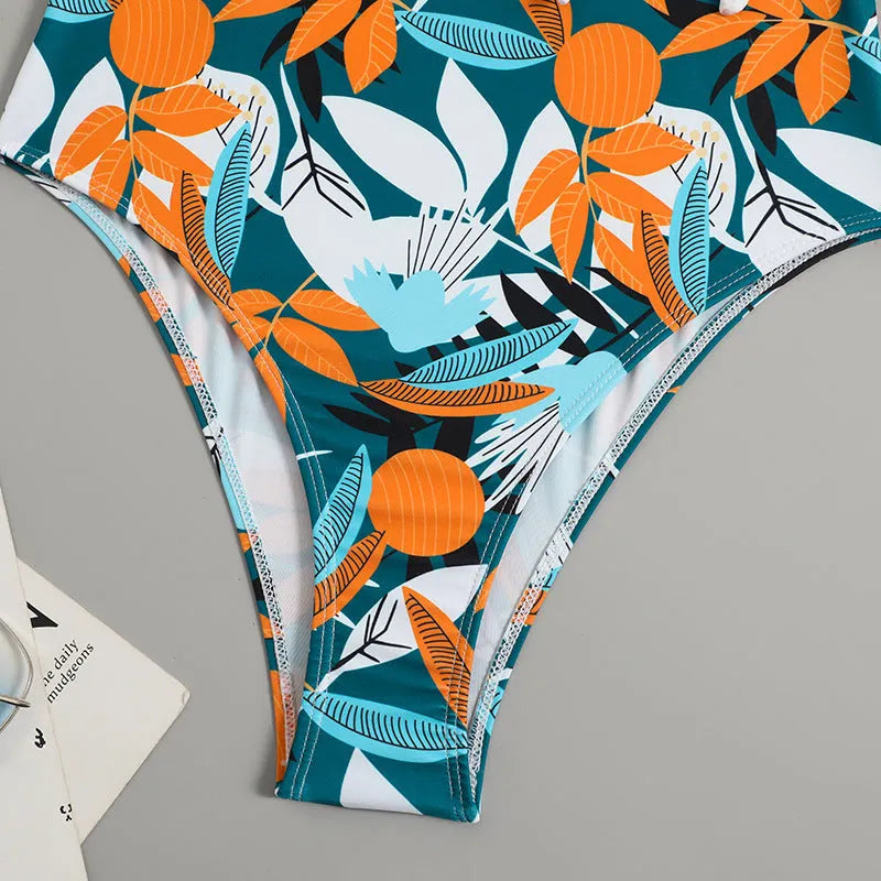 Women's high-waist one-piece bikini in printed polyester fabric