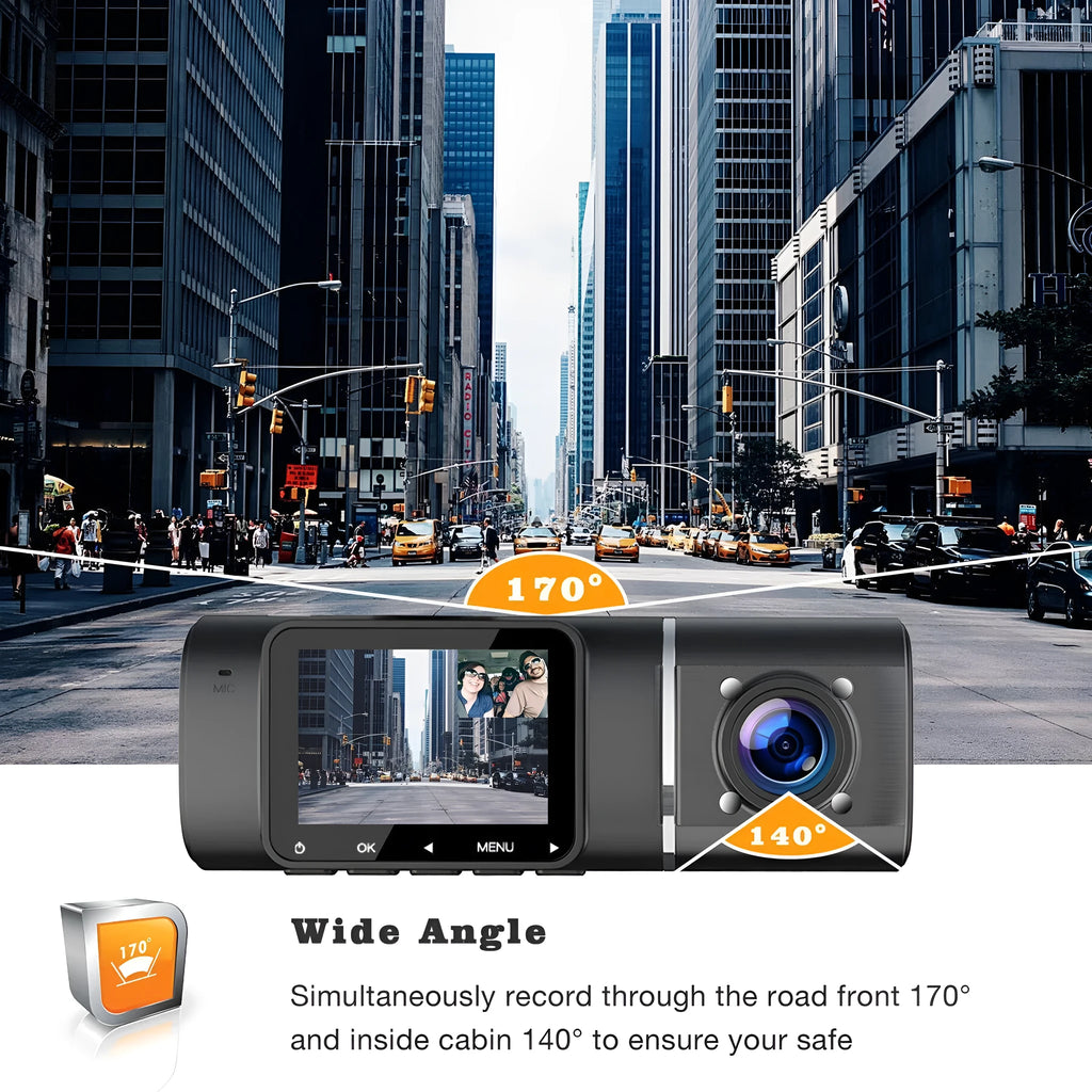 Standard black dual-channel dash camera with 1.5-inch screen on car windscreen.