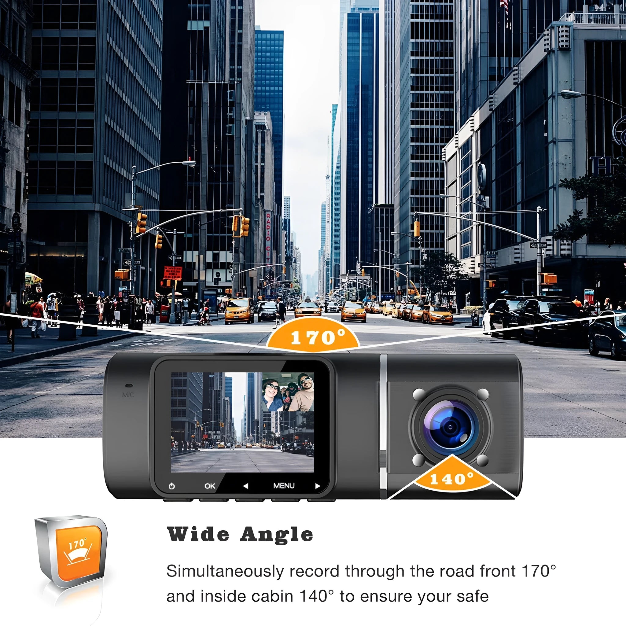 Standard black dual-channel dash camera with 1.5-inch screen on car windscreen.