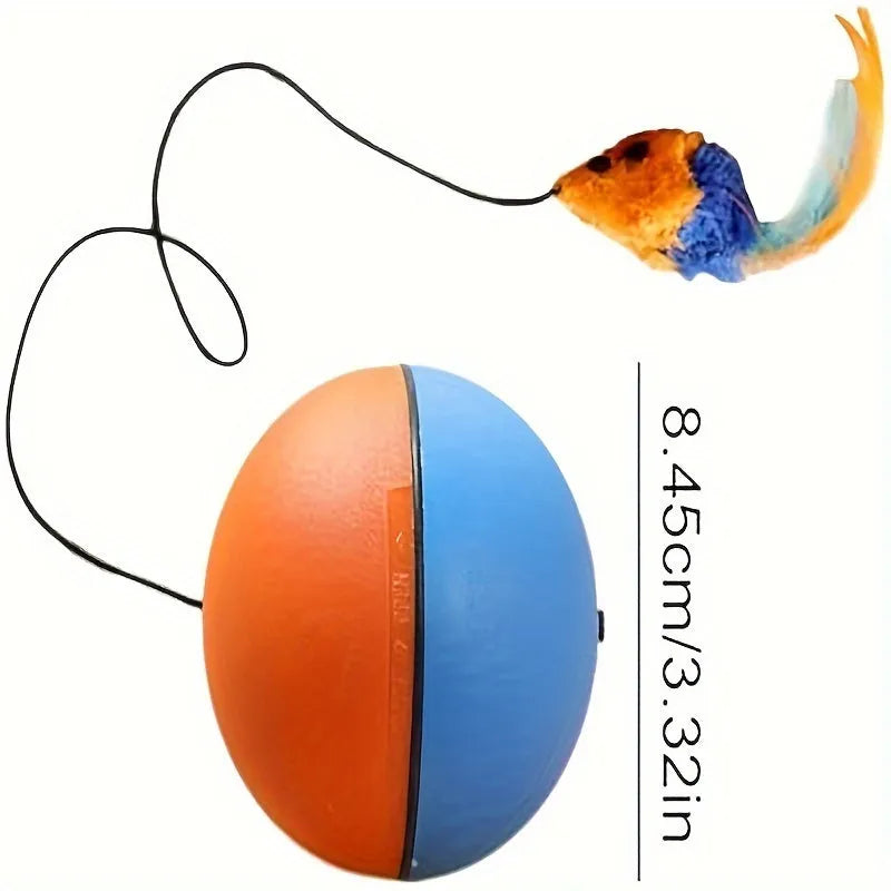 Interactive grey and orange cat toy ball plush mouse measuring 8.5 x 8.5 x 9 cm