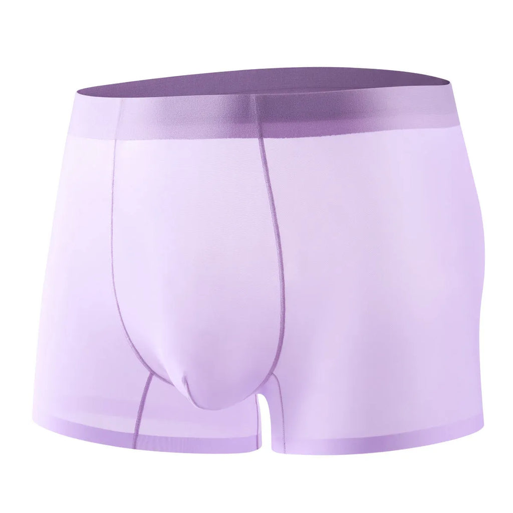 Ultra-thin ice silk seamless boxer briefs in solid colours including white, purple, pink, sky blue, and black