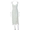 Women's blue lace print long dress with suspender straps and a thigh-high side slit.
