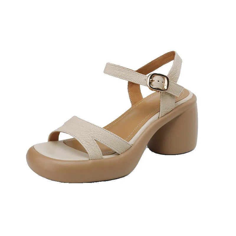 Women's open toe platform sandals in beige colour with rubber sole and microfiber upper