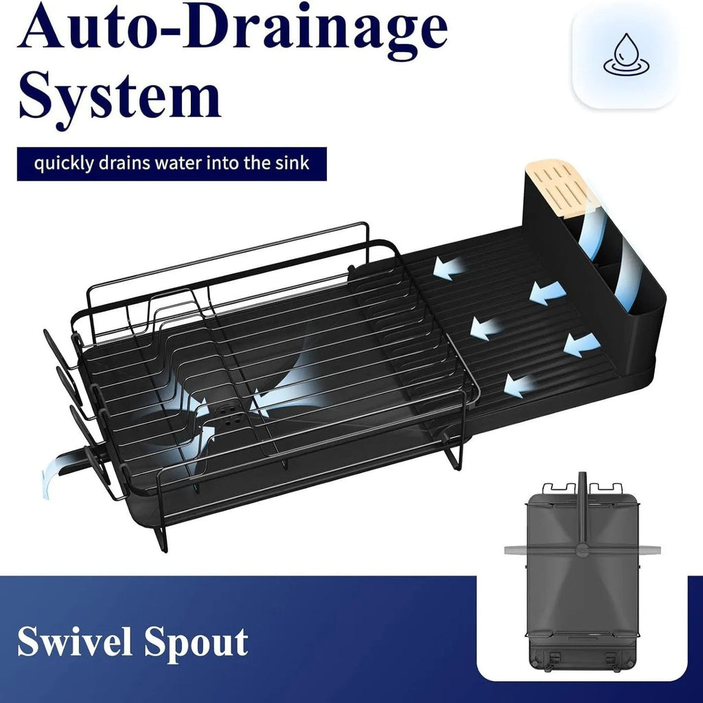 Retractable carbon steel dish rack holding cutlery, knives, forks and cups in modern simplicity style