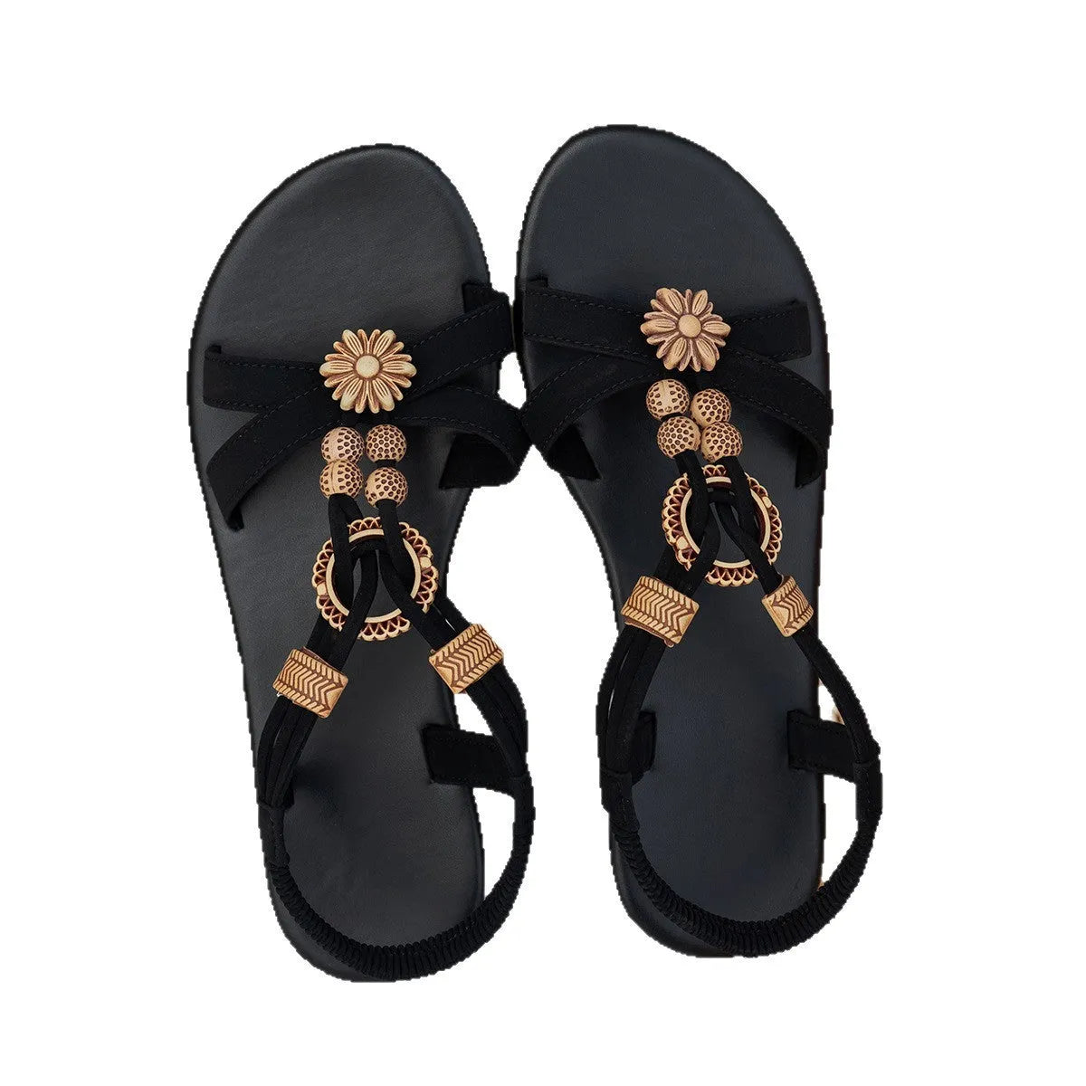 Women's black ethnic beaded flat beach sandals with open toe and elastic band closure