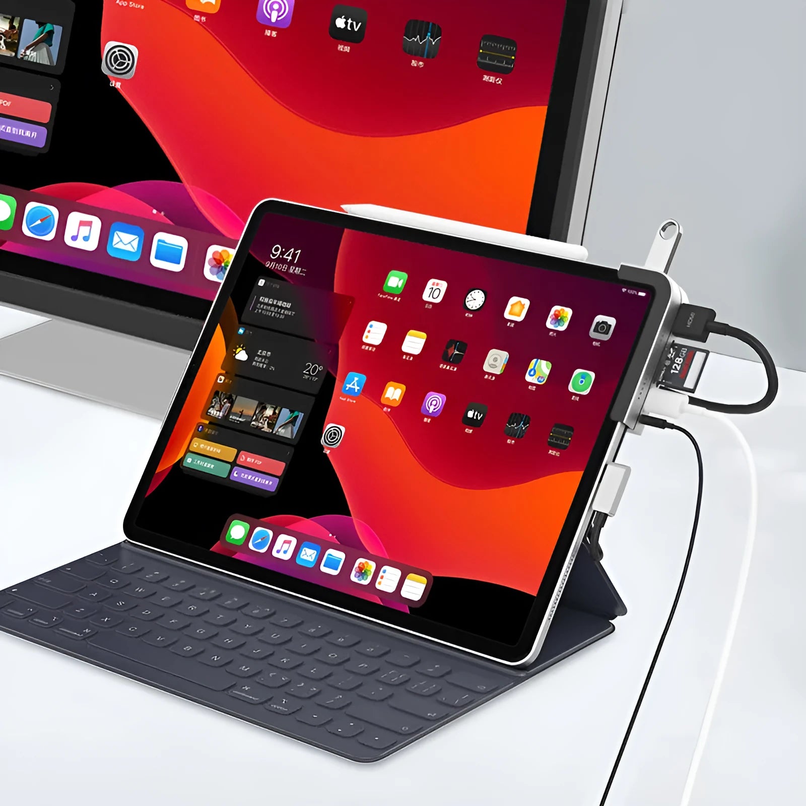 Silver aluminium Type-C docking station for iPad Pro with multiple ports including HDMI and USB