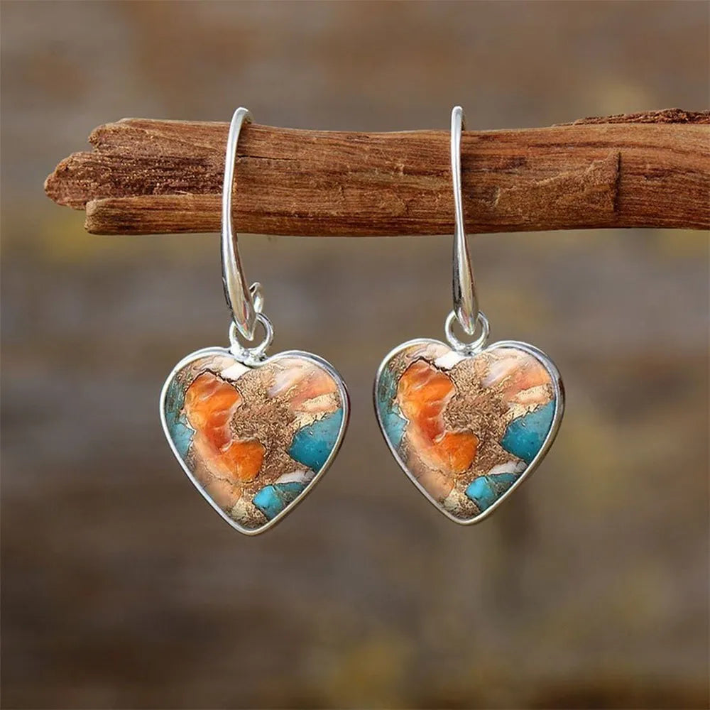 Silver alloy vintage bohemian love pendant earrings with water droplet detail, Korean style, one pair