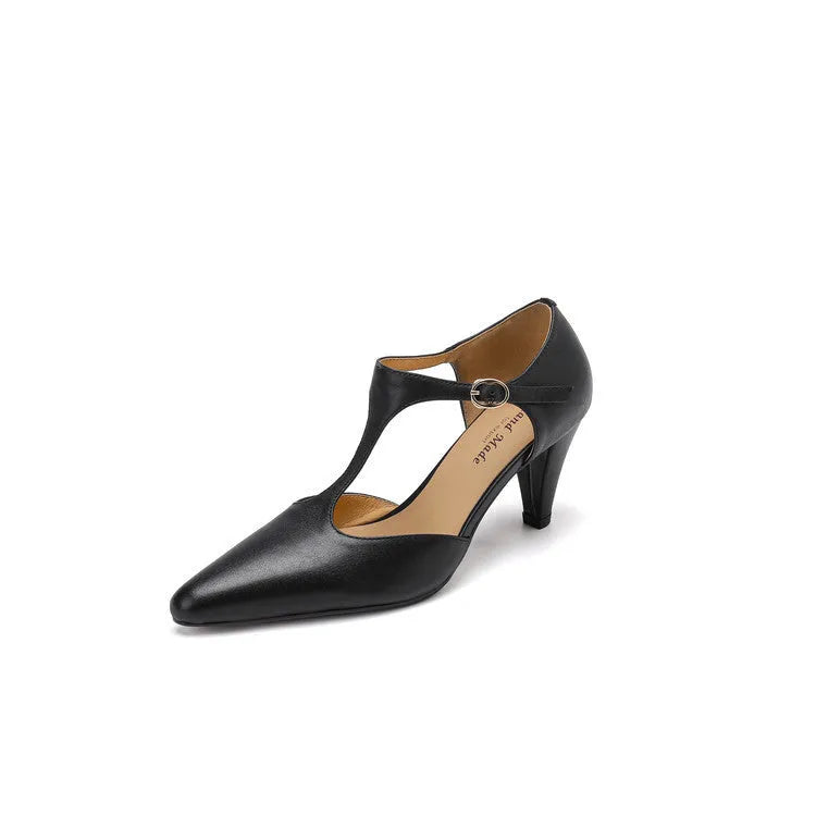 Brown retro women's T-strap closed-toe sandals with a 6-8cm heel on a wooden floor.