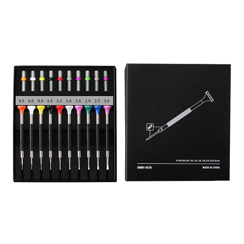 10-piece watch repair screwdriver set with multiple handles and 20 spare drill bits