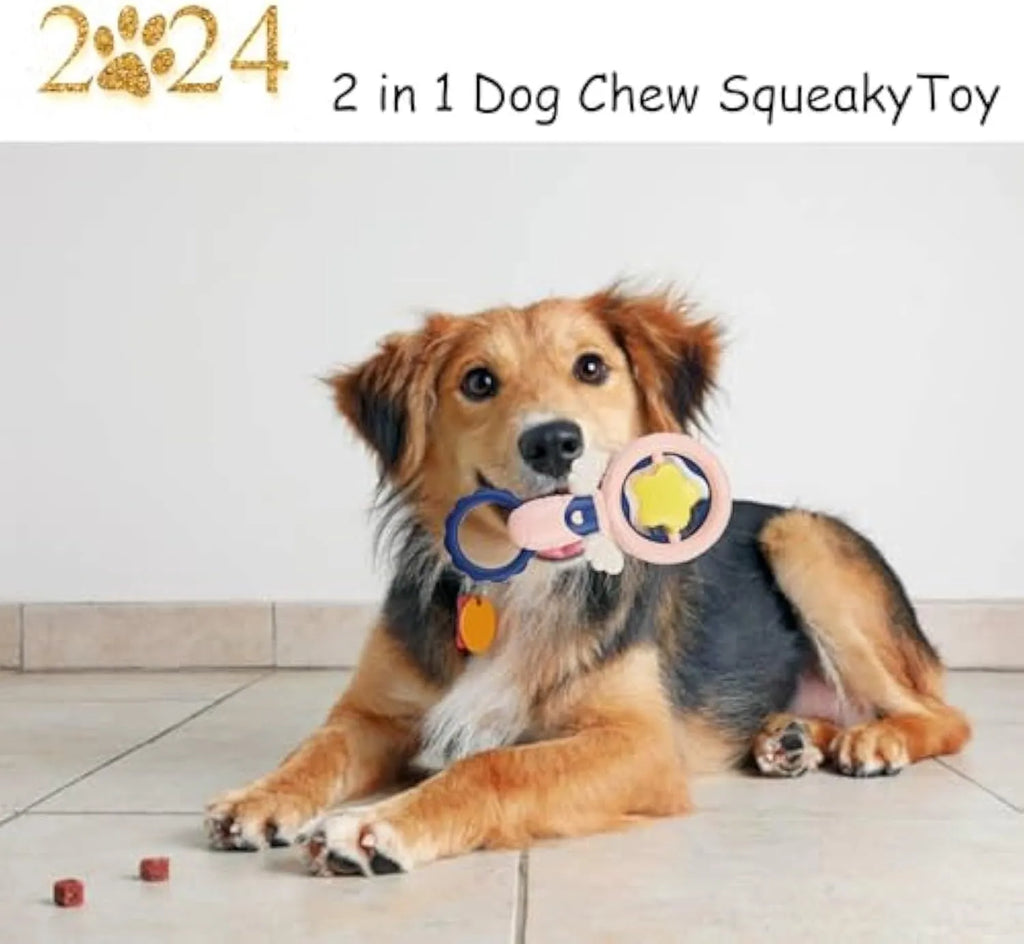 Four interactive dog toys for dental care and boredom, showing durable construction and safety features