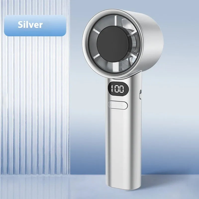 Handheld USB fan with variable speed control showing colour options of white, silver, khaki, and green