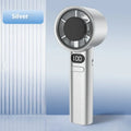 Handheld USB fan with variable speed control showing colour options of white, silver, khaki, and green