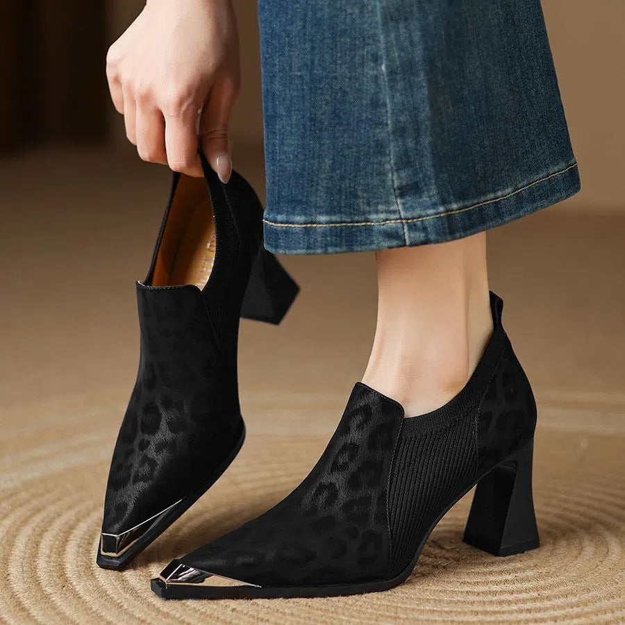 Women's leopard print high heels with chunky heel, pointed toe, PU upper, black or brown, sizes 35-40
