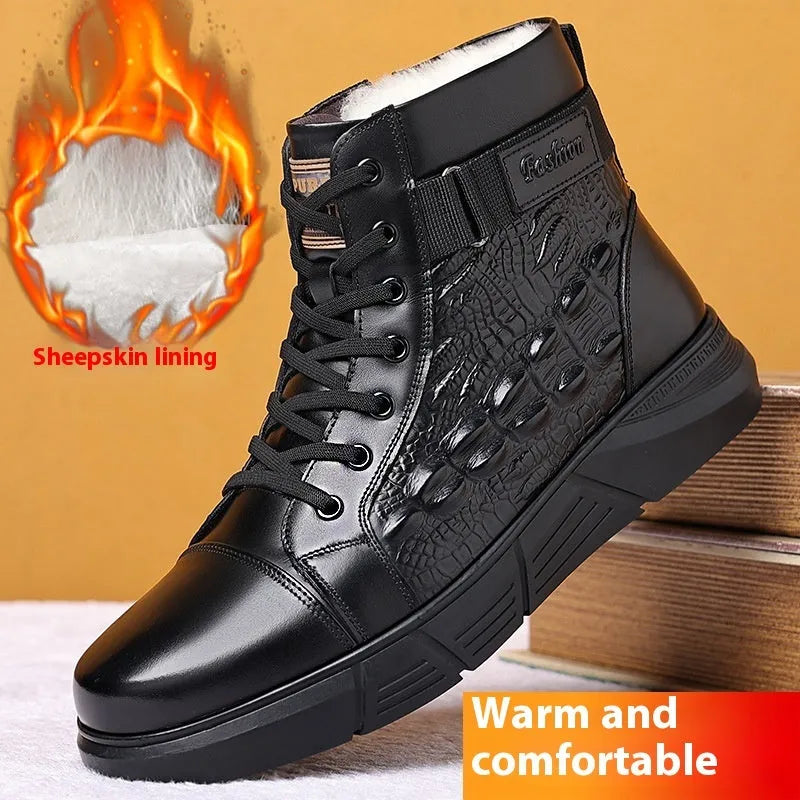 Women's black genuine leather snow boots with fur lining and velvet trim, front lace-up design